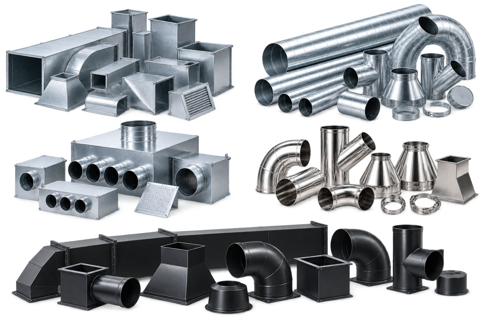 HVAC ductwork products including rectangular ductwork, round spiral ductwork, plenum boxes, stainless steel duct systems and black steel ductwork manufactured by Almaladh Alarabi Factory For Manufacturing